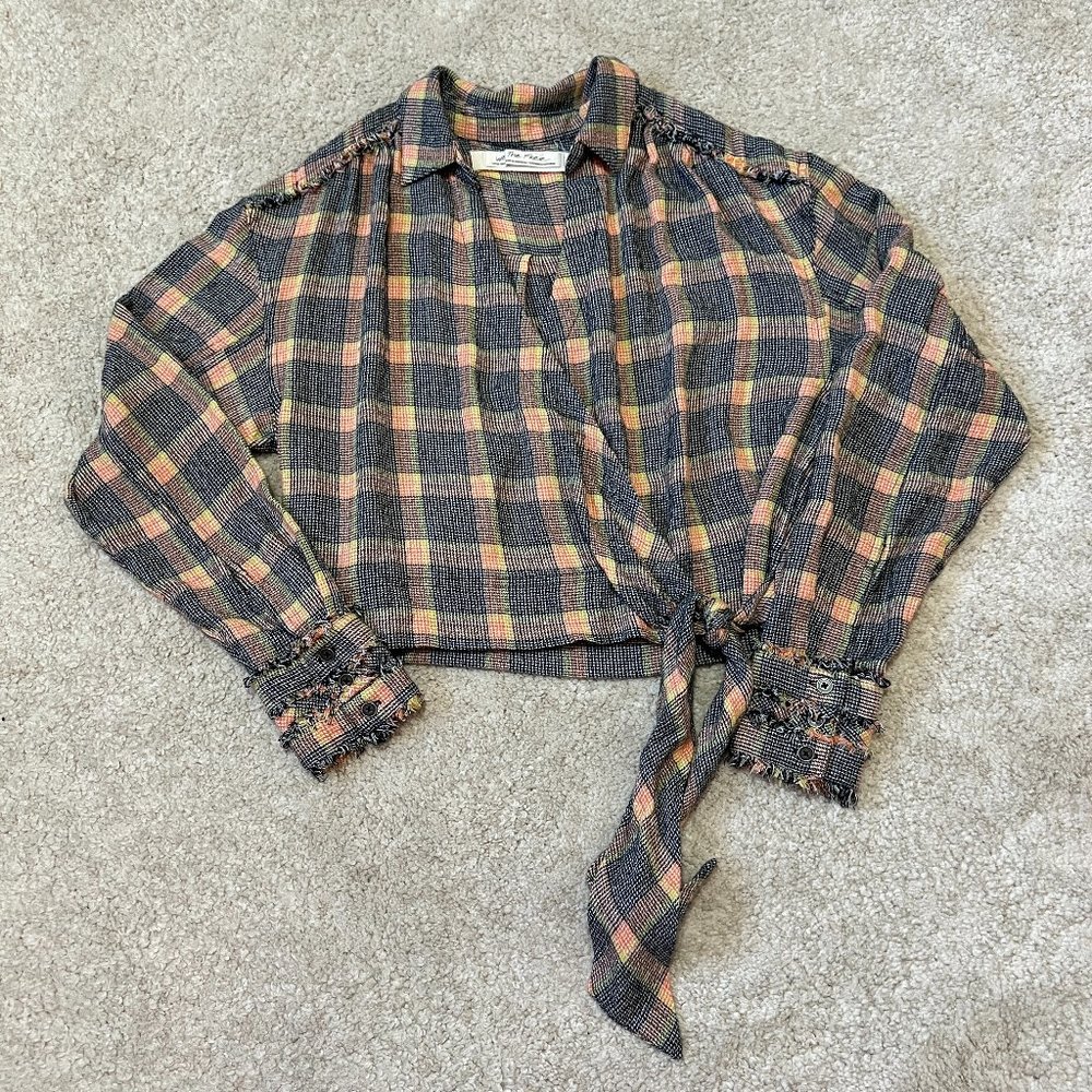 Free People We the Free Running Wild Plaid Wrap Top Size XS Frayed Collared